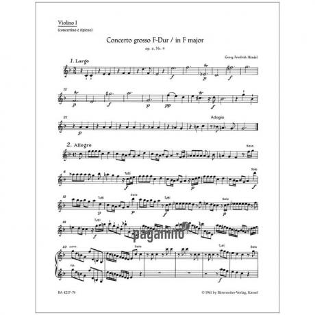 Händel, G. F.: Concerto grosso Op. 6/9 HWV 327 F-Dur – Stimmen violin 1 (solo)